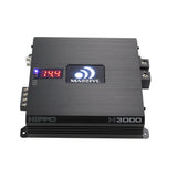 Massive Audio H3000 HIPPO amplifier with an illuminated logo and voltage display, top view
