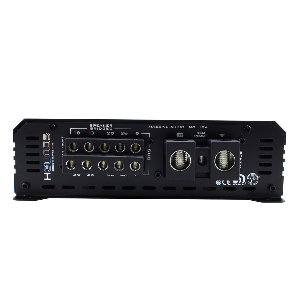 Massive H30005 amplifier terminal panel with five-channel speaker connections and power inputs
