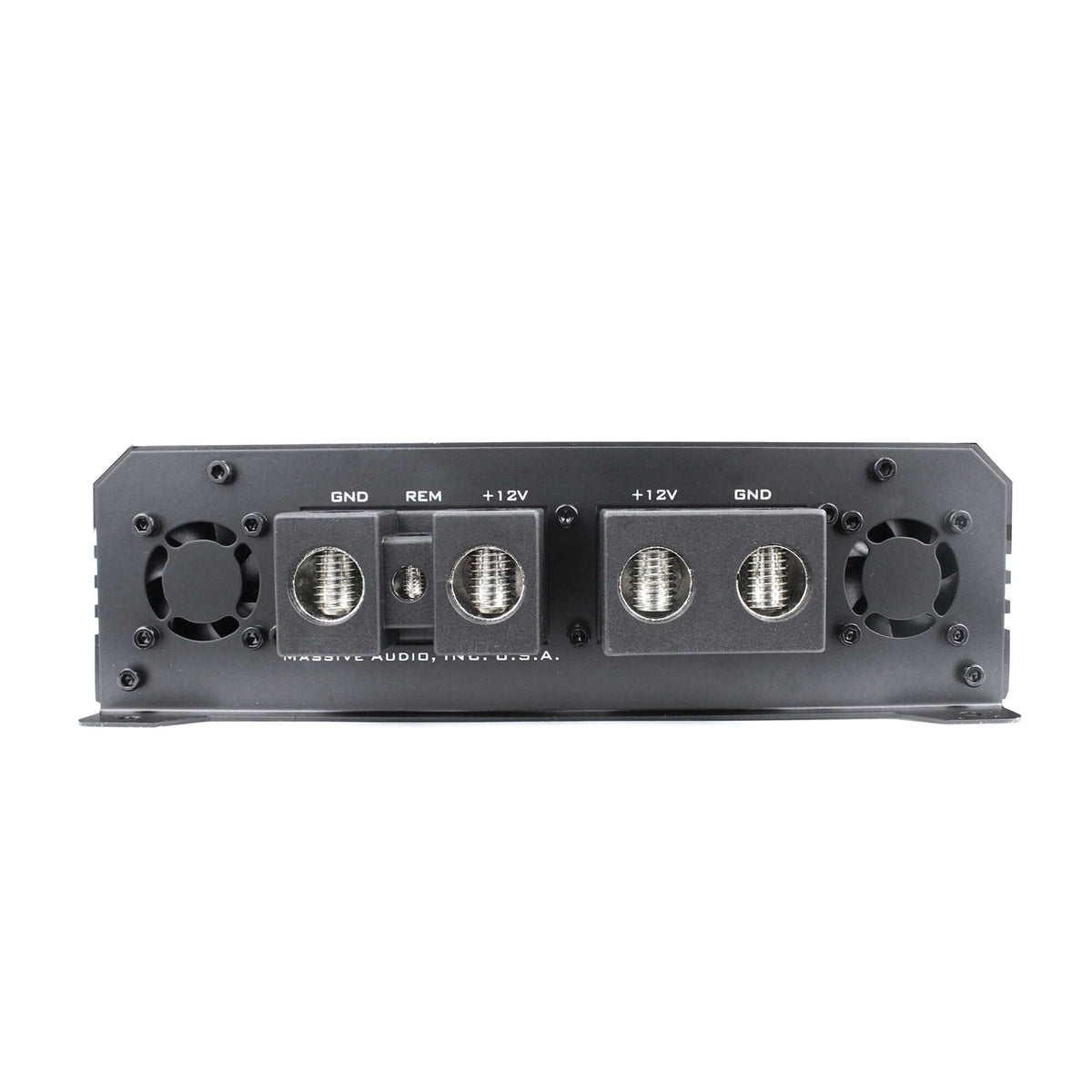 Amplifier power-terminal panel with two cooling fans, dual positive and ground connections, and a remote terminal