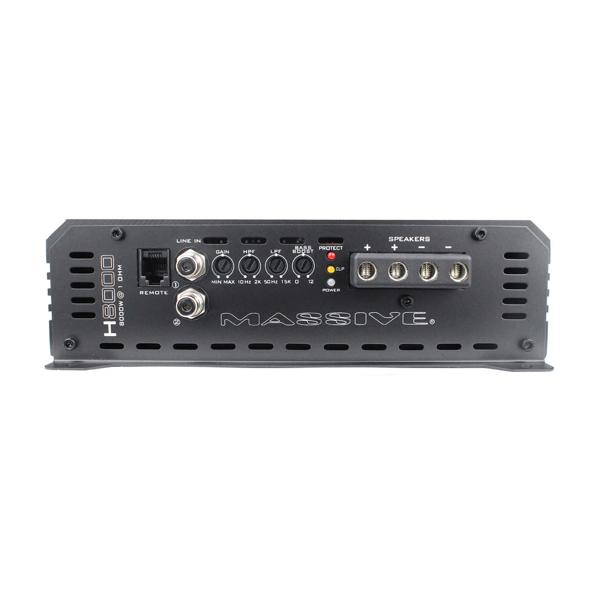 Massive Audio H8000 input panel with RCA sockets, filter controls, speaker terminals and remote port