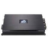 Angled view of a Massive Audio H8000 amplifier with an illuminated logo and cooling fins