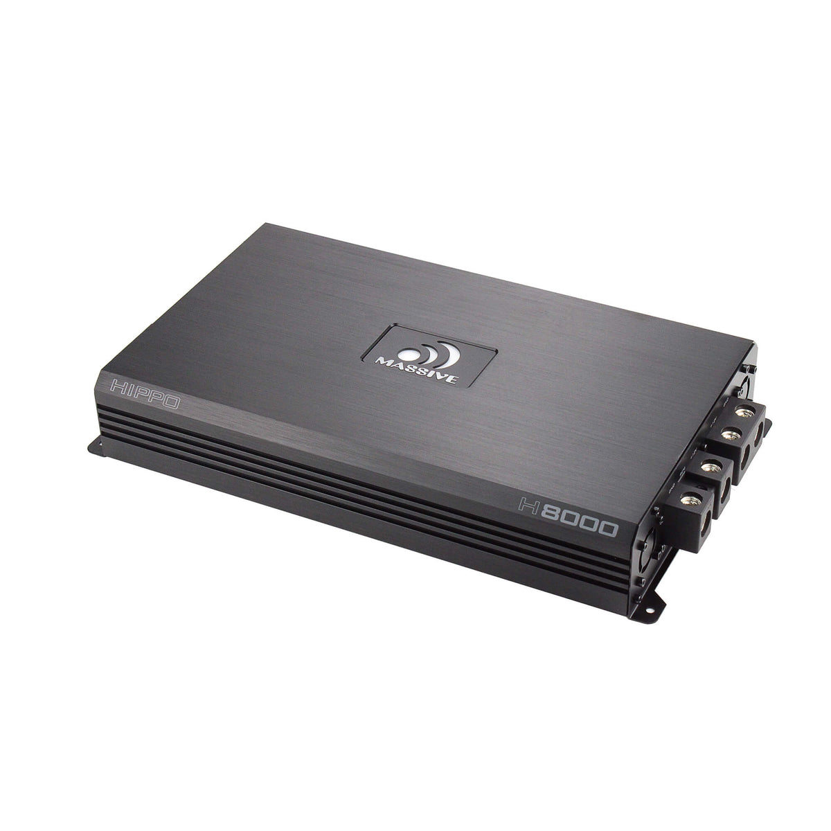 Opposite angled view of a Massive Audio H8000 amplifier with an illuminated logo