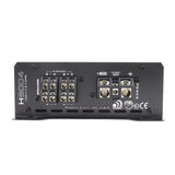 Massive Audio H8004 terminal panel showing four speaker channels, bridged-pair markings and power connections