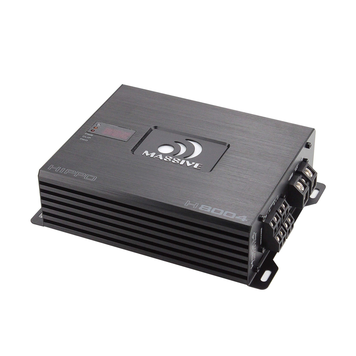 Angled Massive Audio Hippo H8004 amplifier showing its top markings and terminal end