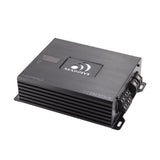 Angled Massive Audio Hippo H8004 amplifier showing its top markings and terminal end