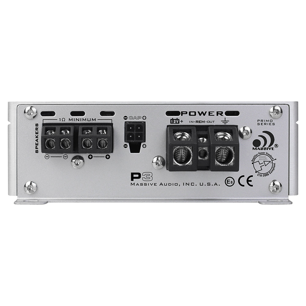 Massive P3 amplifier end panel with speaker and power terminals and ground-lift switch