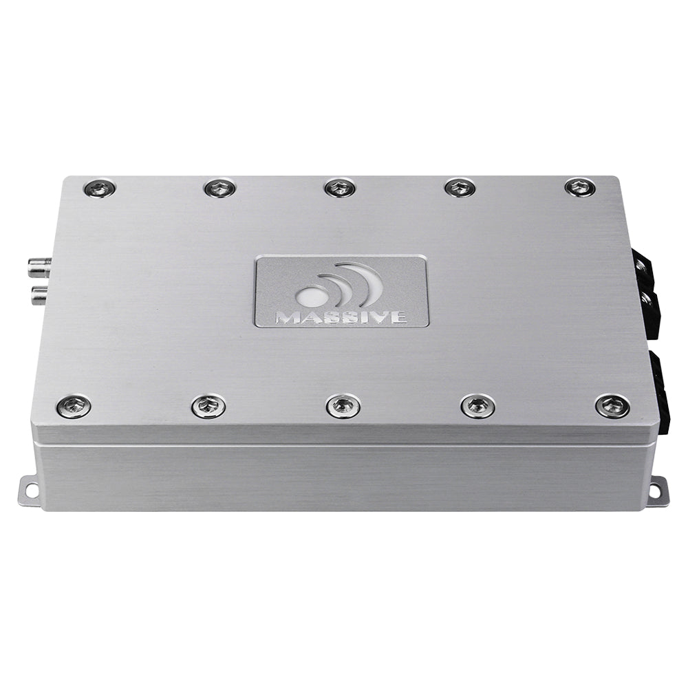 Silver Massive Audio amplifier with a blue logo, top view