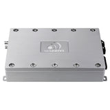 Silver Massive Audio amplifier with a blue logo, top view