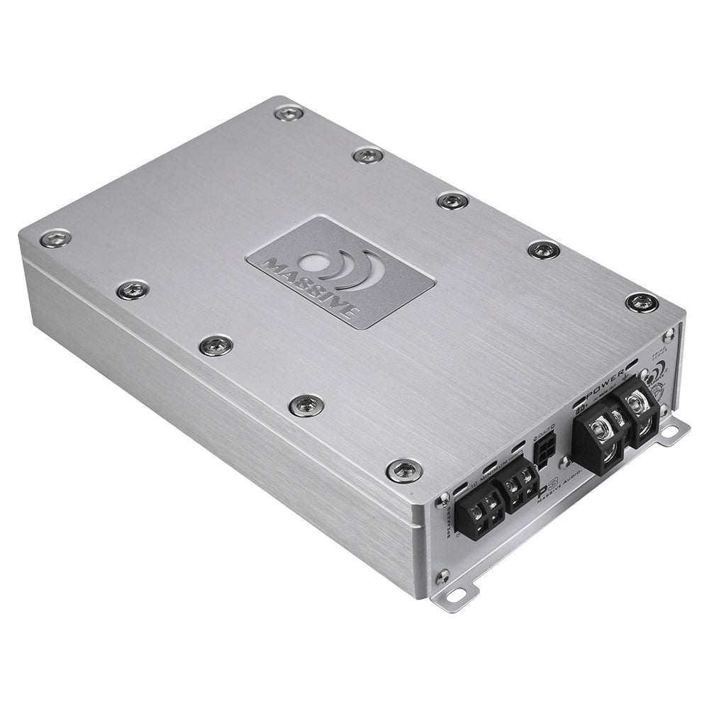 Angled rear view of a silver Massive Audio amplifier showing power and speaker terminals beneath its brushed-metal top