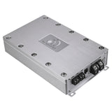 Angled rear view of a silver Massive Audio amplifier showing power and speaker terminals beneath its brushed-metal top