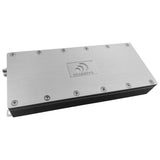 Tilted top view of a silver Massive Audio amplifier with a centered logo and perimeter screws