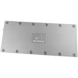 Close top view of a silver Massive Audio amplifier showing its brushed finish, raised logo and perimeter screws