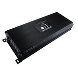Angled view of a black Massive Audio T3 amplifier with Powersports lettering and a raised logo