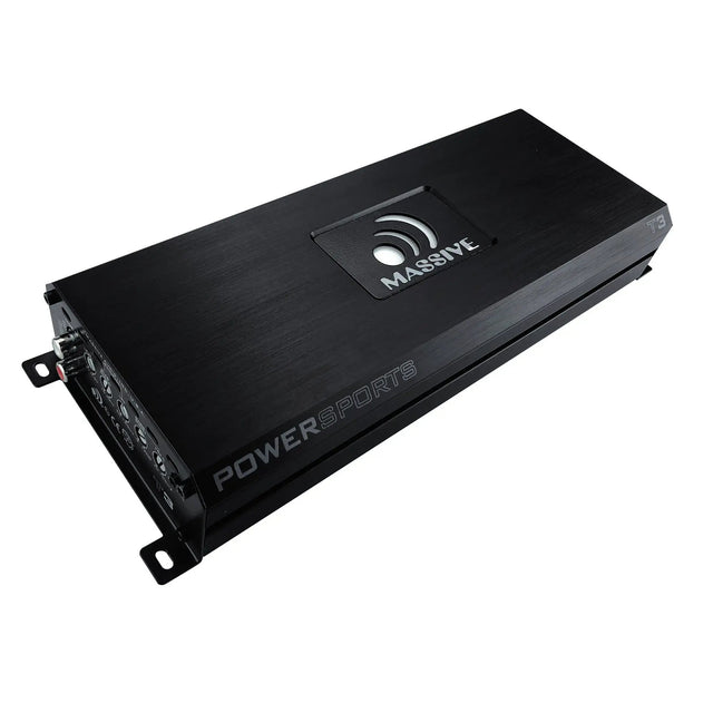 Angled view of a black Massive Audio T3 amplifier with Powersports lettering and a raised logo