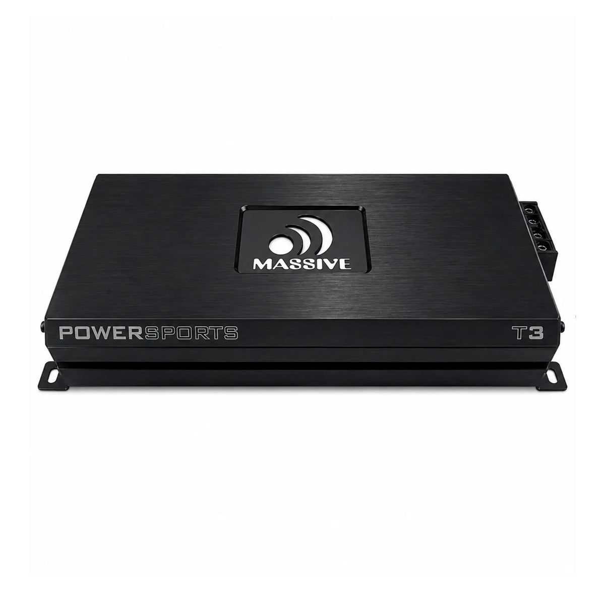 Top view of a black Massive Audio T3 amplifier marked Powersports
