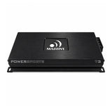 Top view of a black Massive Audio T3 amplifier marked Powersports