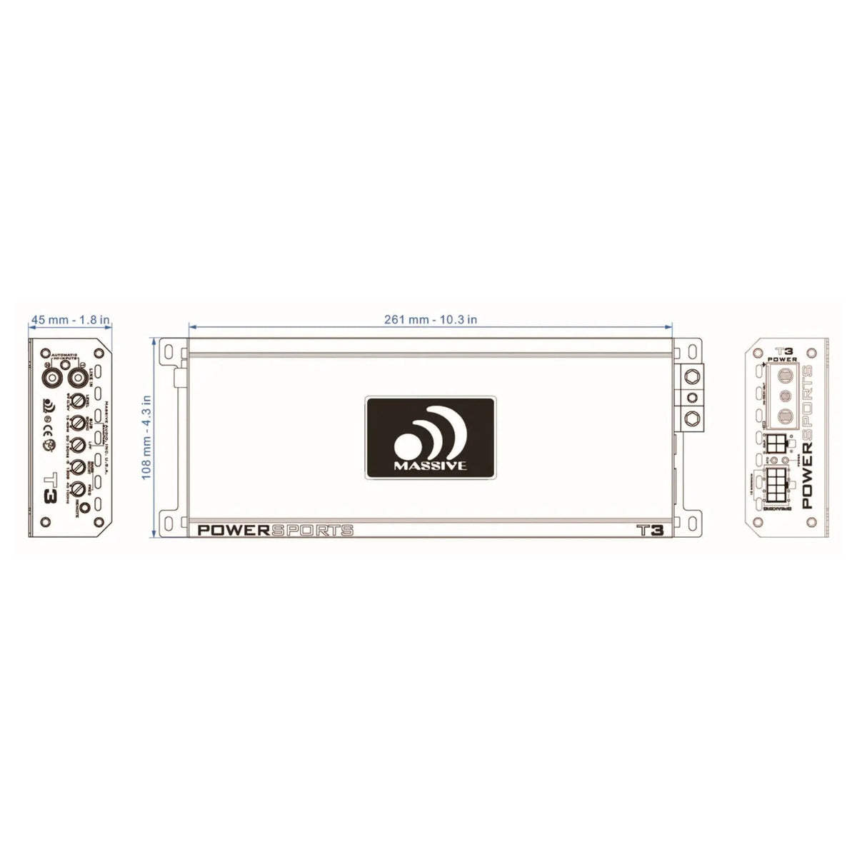 Massive Audio T3 dimension drawing showing a 261 by 108 by 45 mm amplifier chassis