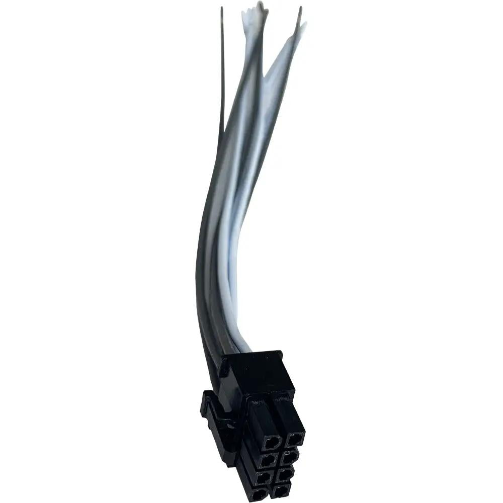 Close view of a black multi-pin wiring connector with gray and black leads