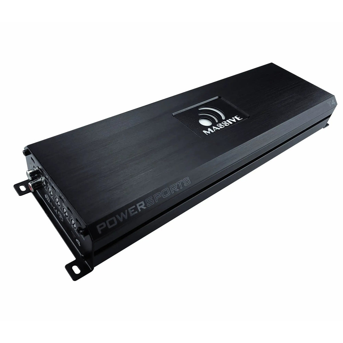 Angled view of a black Massive Audio T4 amplifier with Powersports lettering and a raised logo