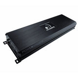 Angled view of a black Massive Audio T4 amplifier with Powersports lettering and a raised logo