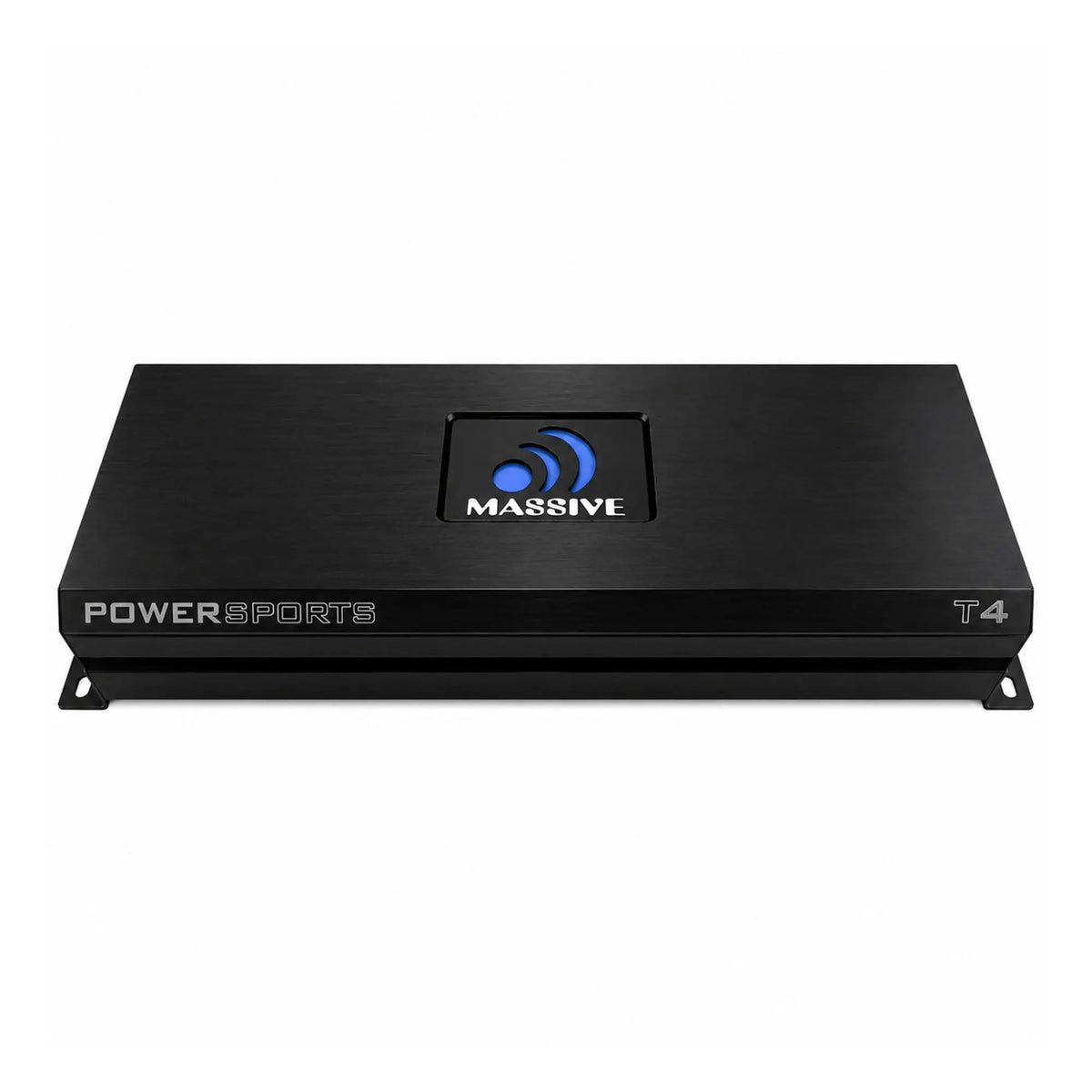 Top-front view of a black Massive Audio T4 amplifier with Powersports lettering and an illuminated logo