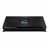 Top-front view of a black Massive Audio T4 amplifier with Powersports lettering and an illuminated logo