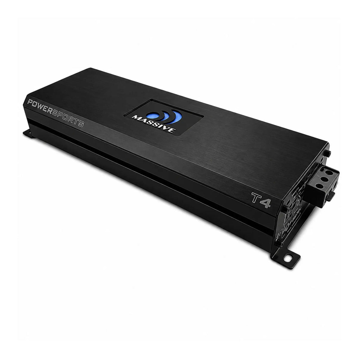 Angled Massive Audio T4 amplifier marked Powersports, with end connections visible