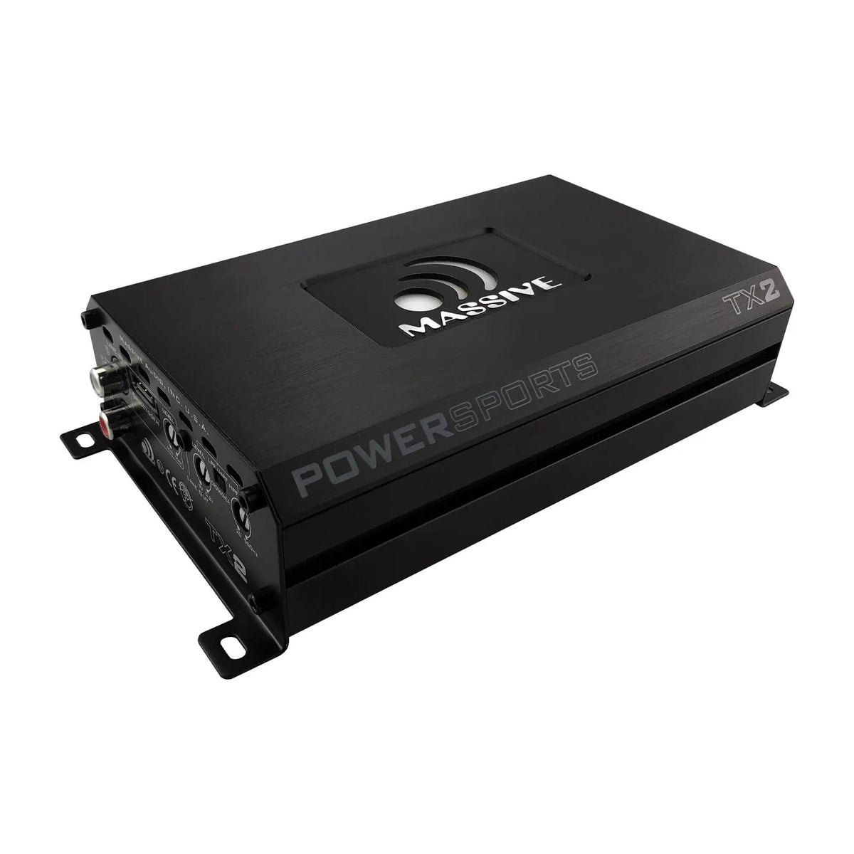 Angled Massive Audio TX2 amplifier showing its Powersports marking and input controls