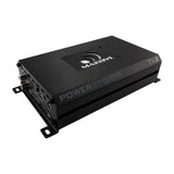 Angled Massive Audio TX2 amplifier showing its Powersports marking and input controls