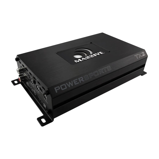 Angled Massive Audio TX2 amplifier showing its Powersports marking and input controls