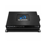 Top-front view of a black Massive Audio TX2 amplifier with Powersports lettering and an illuminated logo