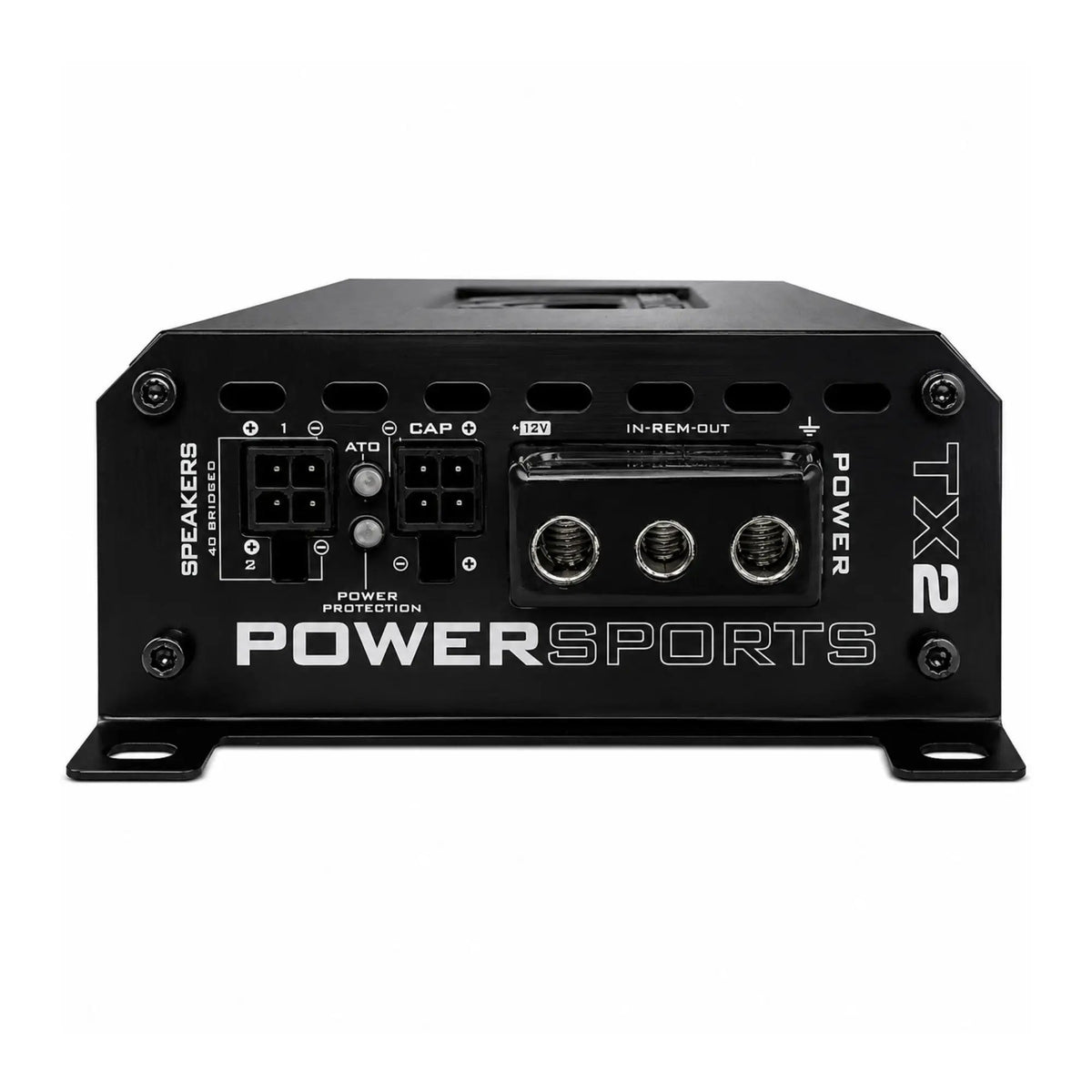 Massive Audio TX2 end panel showing speaker plugs, power terminals and status indicators