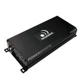 Angled view of a black Massive Audio TX44 amplifier with Powersports lettering and its input-control panel visible