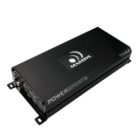 Angled view of a black Massive Audio TX44 amplifier with Powersports lettering and its input-control panel visible