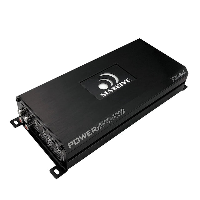 Angled view of a black Massive Audio TX44 amplifier with Powersports lettering and its input-control panel visible