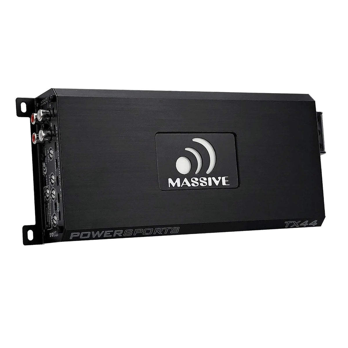 Top view of a black Massive Audio TX44 amplifier with its logo, model marking and input-control panel along the side