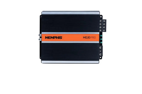 Top of a Memphis MOJO Pro amplifier with an orange center stripe and silver edges