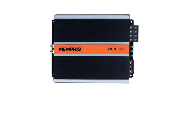 Top of a Memphis MOJO Pro amplifier with an orange center stripe and silver edges