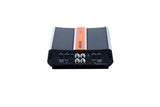 Memphis amplifier with an orange center stripe, four RCA sockets and gain and crossover controls