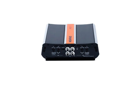 Memphis amplifier with an orange center stripe, four RCA sockets and gain and crossover controls
