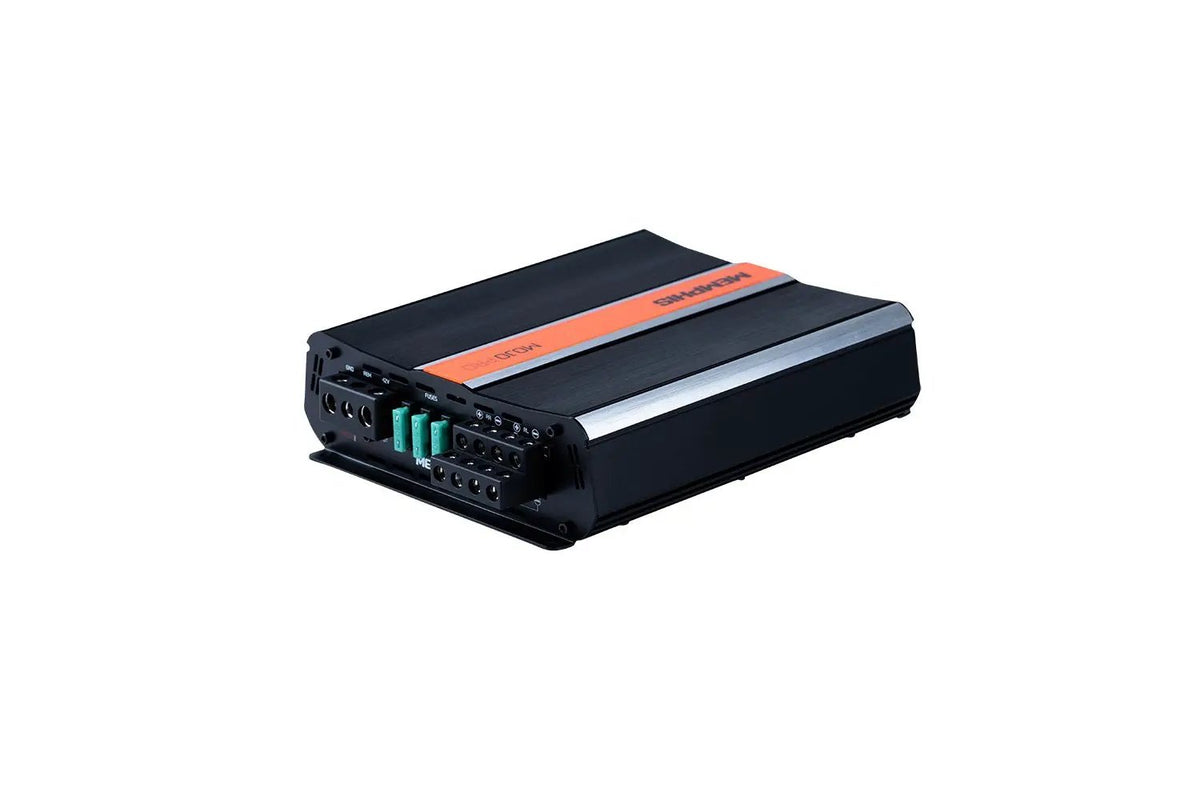 Angled Memphis MOJO Pro amplifier showing screw terminals and three green fuses