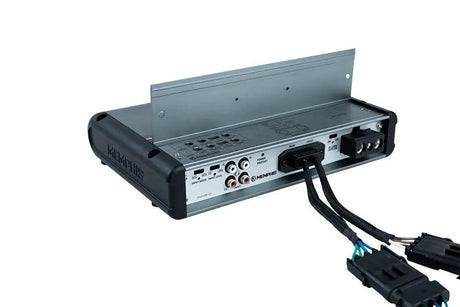 Memphis marine amplifier with its cover raised to expose RCA inputs, controls and wiring connections