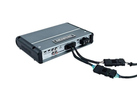 Memphis amplifier connection panel with RCA inputs, power terminals and two braided plug harnesses