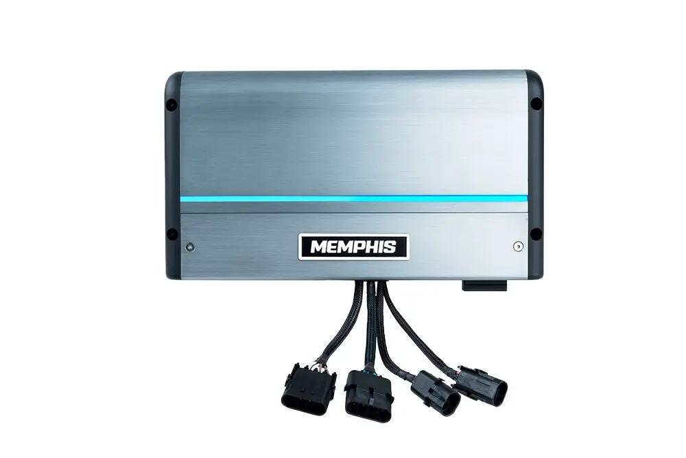 Silver Memphis amplifier with a blue accent strip and four wiring harnesses
