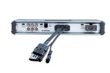Memphis amplifier connection panel with six RCA inputs, power terminals and braided speaker-plug harnesses