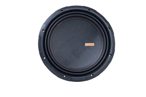 Front of a Memphis MOJO subwoofer with a black woven cone, wide surround and orange badge