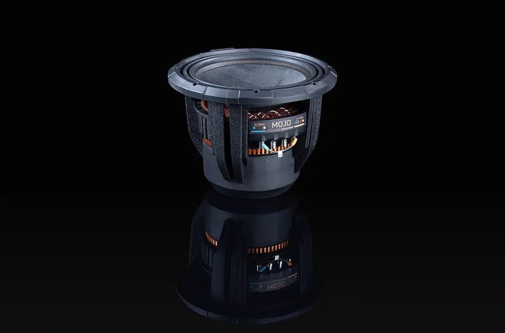Memphis MOJO subwoofer reflected on a black surface, angled view