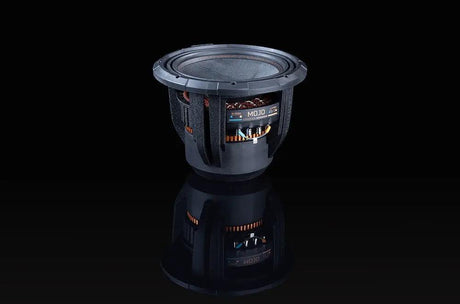 Memphis MOJO subwoofer reflected on a black surface, angled view