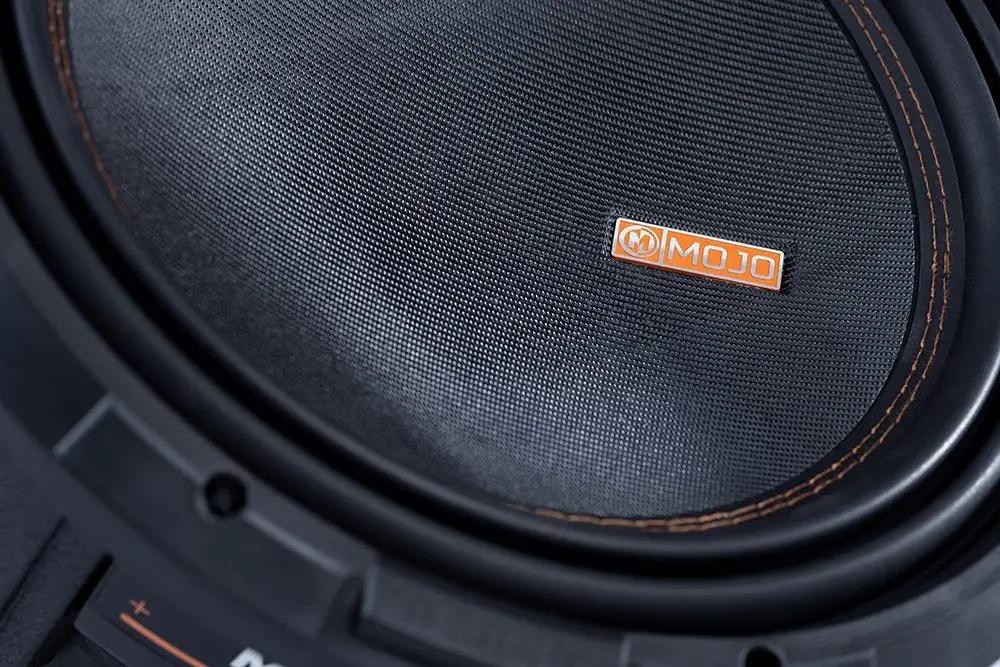 Memphis MOJO subwoofer cone close-up showing its textured surface, stitched surround and orange logo