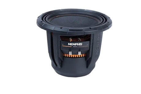 Memphis MOJO1212 subwoofer showing its deep black basket, exposed coil and front terminals